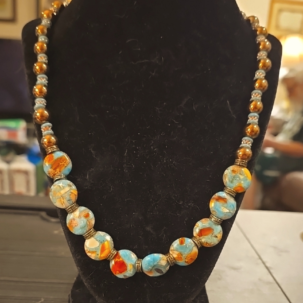 Vibrant Blue and Orange Beaded Necklace
